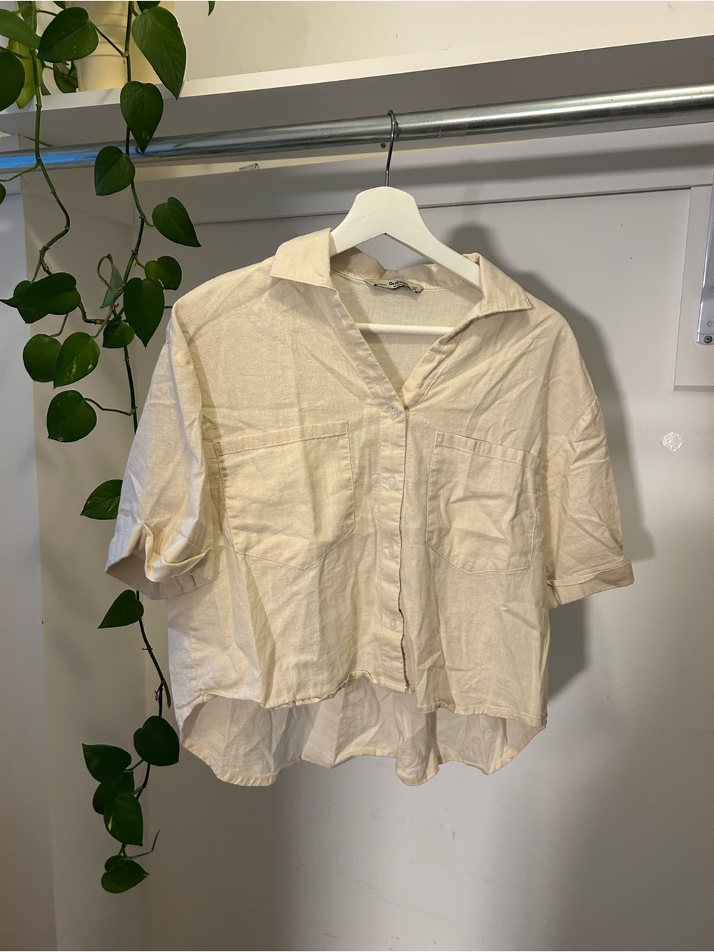 Relaxed Short-Sleeve Button Front Top in Cream